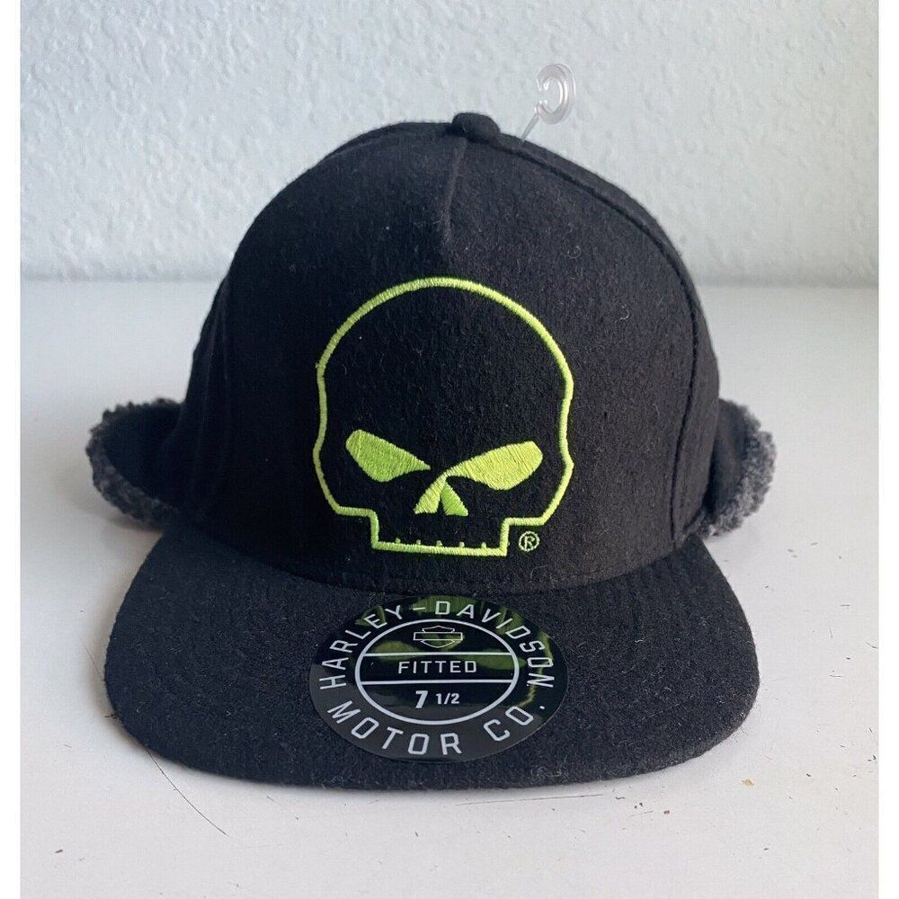 Harley Davidson Willie G Skull Black Hat Cap Ear Flap Fitted Men’s 7 1/2 XL NEW